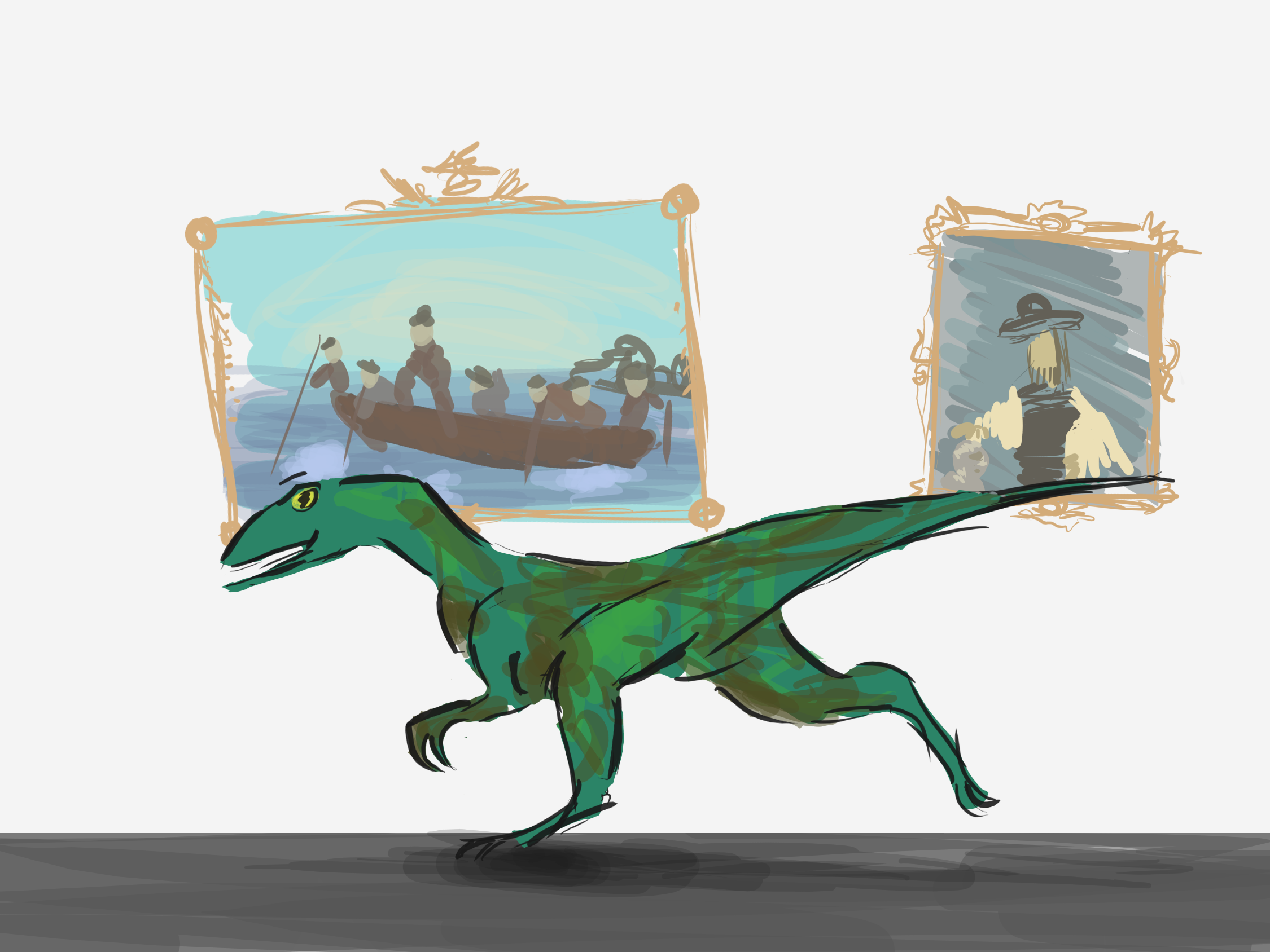 Velociraptor speeding past art gallery