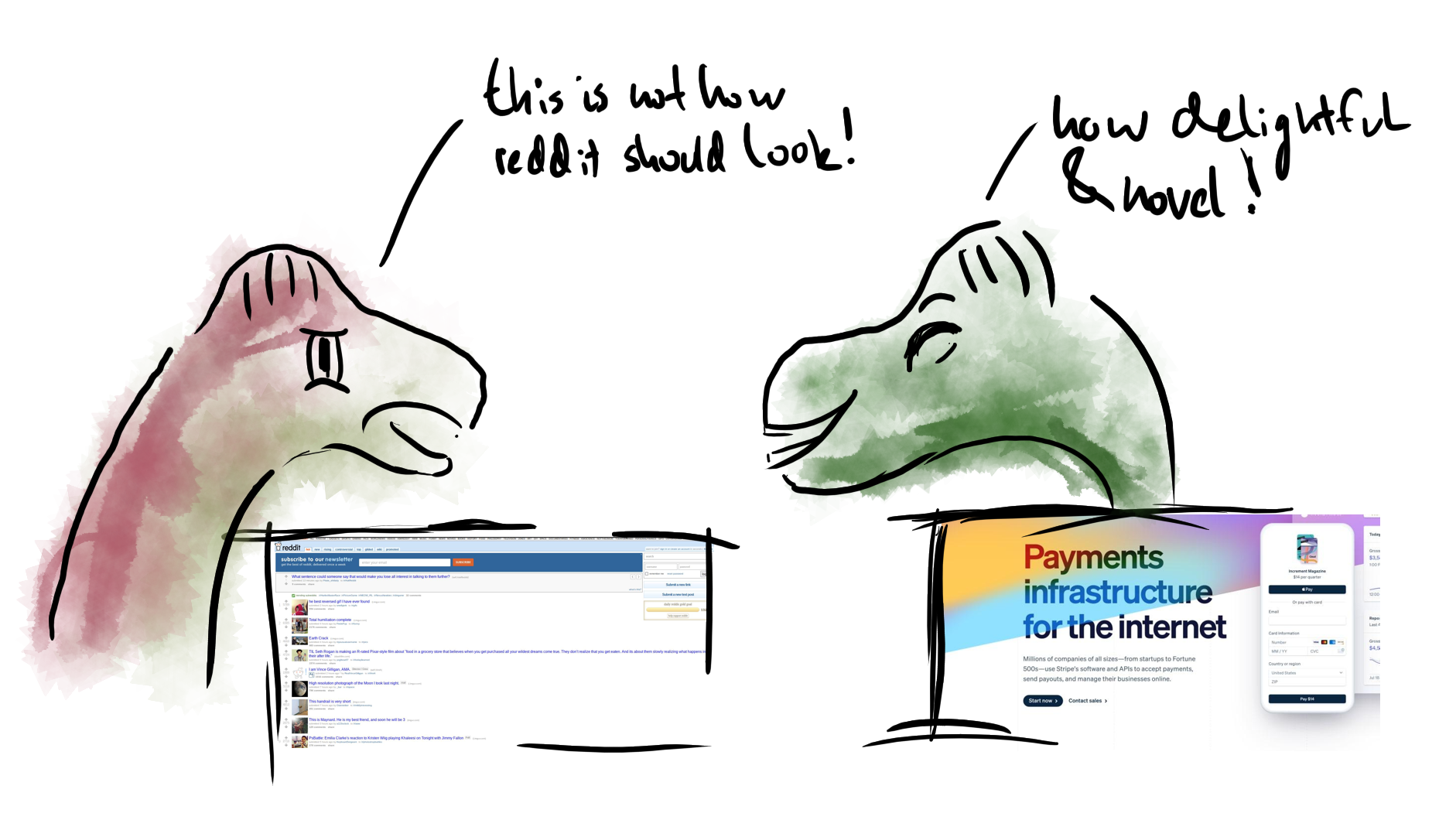 Two comic dinosaurs judging two unexpected web layouts: The 2014 Reddit redesign is hated, the classic Stripe landing page loved