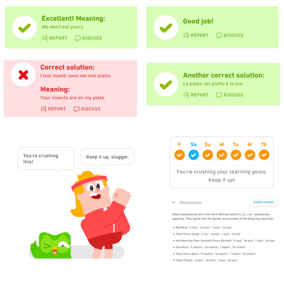 Collage of several screenshots of duolingo UI elements, such as a green card saying 'good job', 'another correct solution: ...' or 'excellent! meaning: ...', a red card saying 'corret solution: ...; meaning: ...', also an illustrated comic saying 'you are crushing this' and an informational text about Italian Possessives