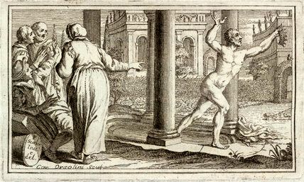Archimedes exclaiming Eureka. In his excitement, he forgets to dress and runs nude in the streets straight out of his bath