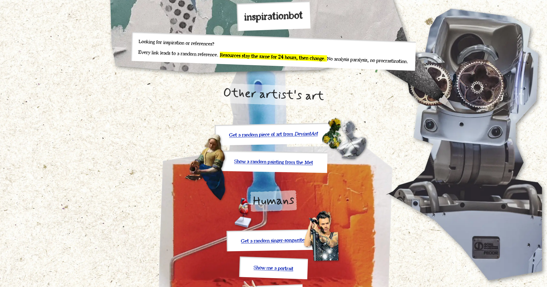Screenshot of inspirationbot with links to different random art ressources