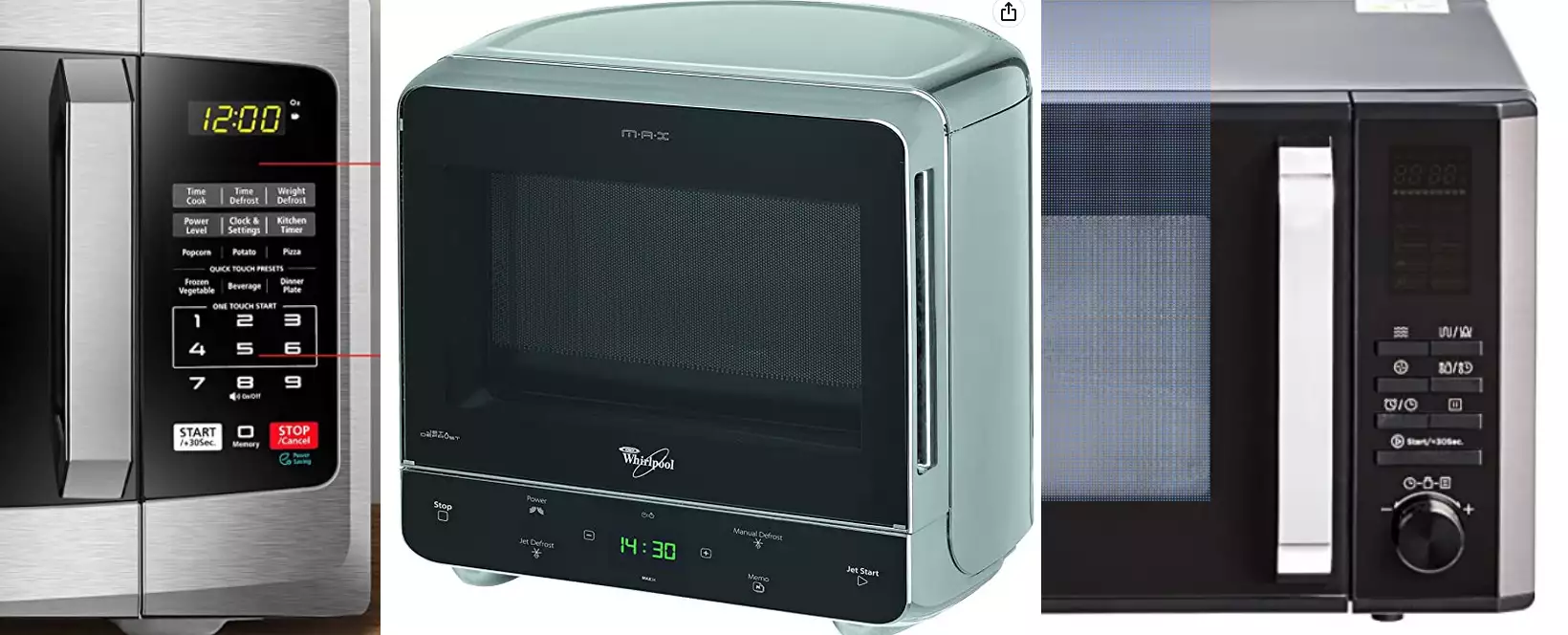 Collage of three microwave oven interfaces, showing complex buttons with unintuitive icons, small fonts and no obvious shortcuts for core interactions