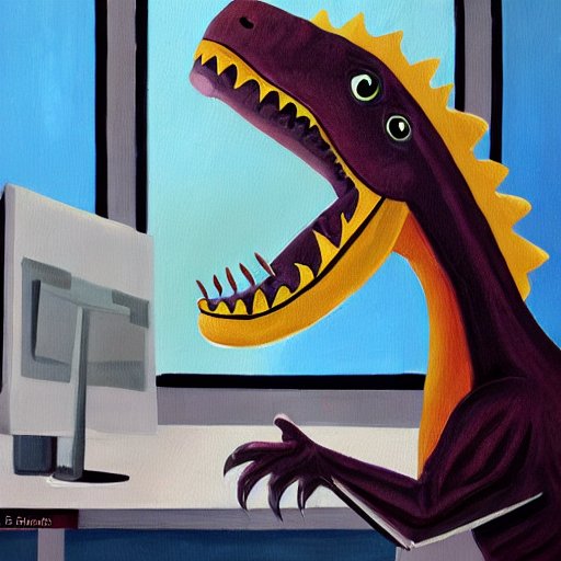 A happy dinosaur in an office