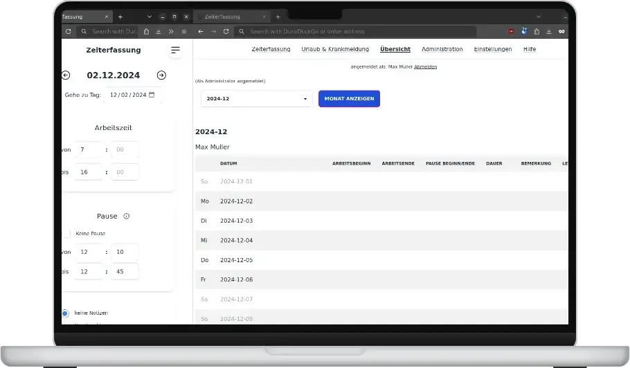 Screenshot der Zeiterfassungs-App