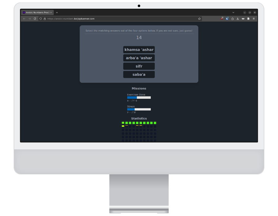 A screenshot showing the interface of the Arabic numbers practice game. The player gets a prompt, for example, the number written out in Arabic, and has to choose the correct options from four buttons.