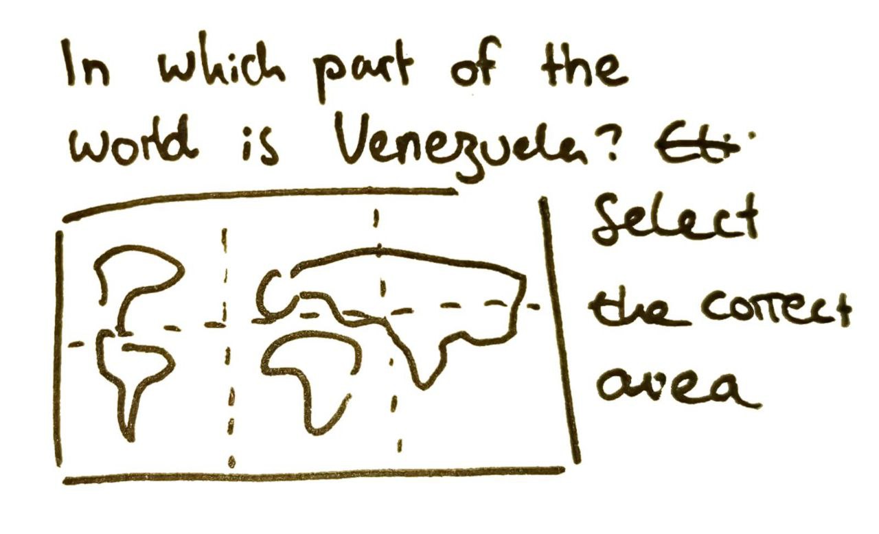 Interface idea for learning where in the world a country roughly is — "Select the correct area"